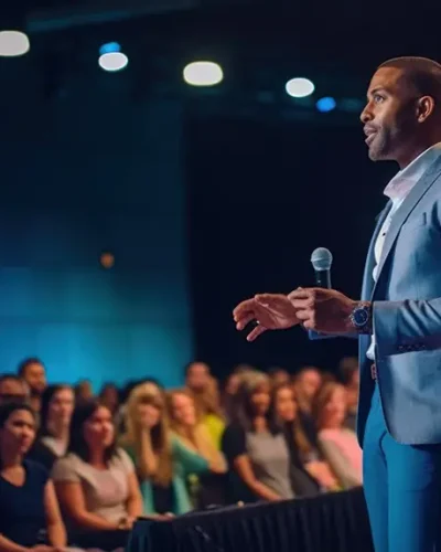 Man presenting motivational speech on stage.