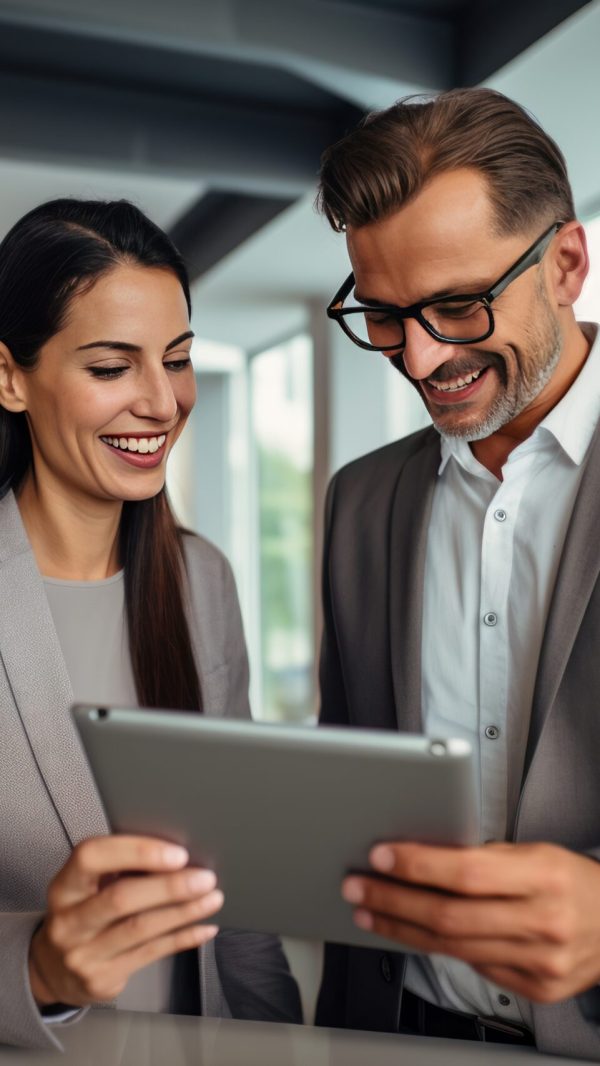 Two happy professional business people team woman and man workers working using digital tablet tech discussing financial market data standing at corporate office meeting. wo happy professional business people team woman and man workers working using digital tablet tech discussing financial market data standing at corporate office meeting.