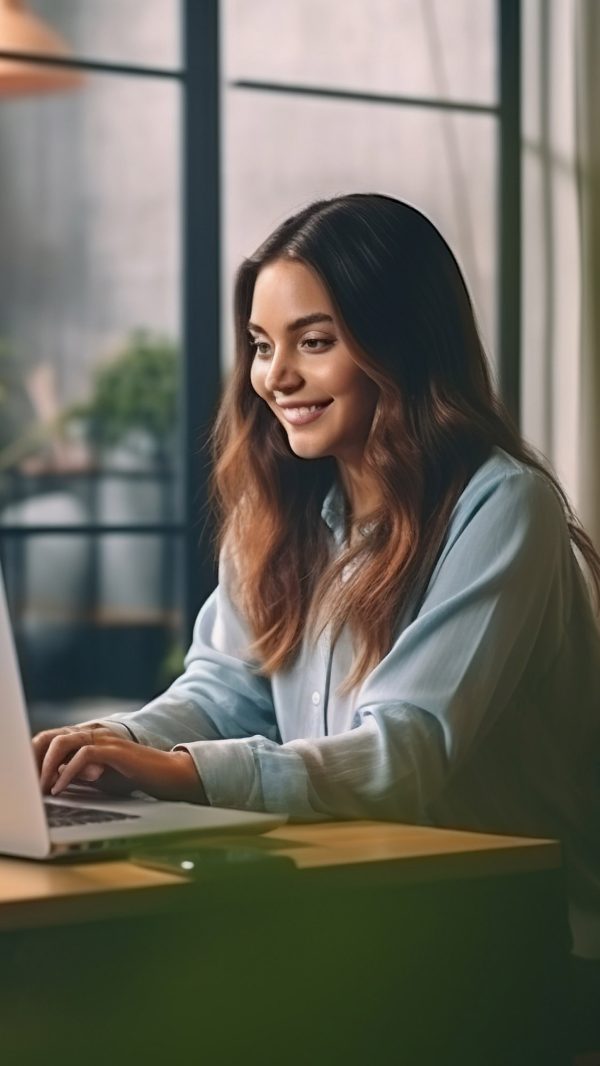 Young woman, female latin employee using laptop remote working at home office looking at computer talking having hybrid virtual meeting learning english communicating by video call, elearning webinar